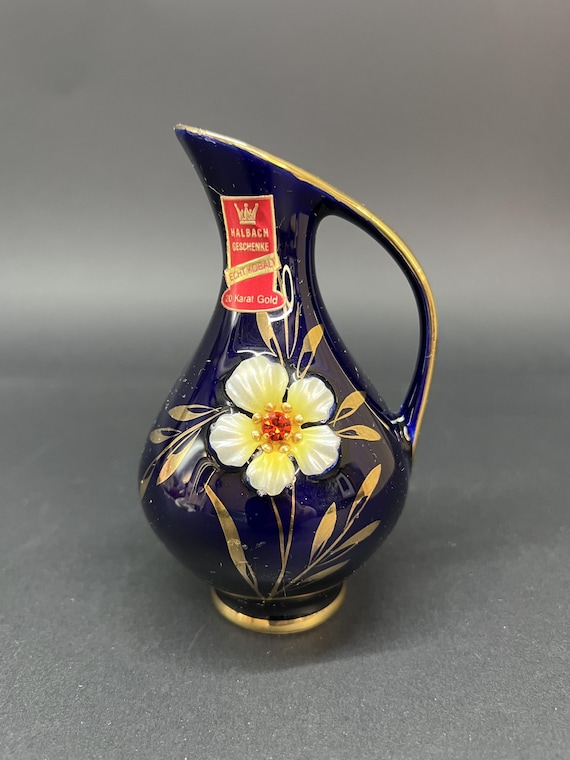 Genuine vintage German Halbach cobalt-and-gold porcelain mini vase — a real collectible piece with provenance, not a reproduction.