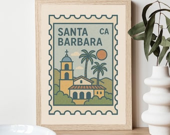 Santa Barbara Art Print | Vintage Travel Stamp, California Coastal Decor (Digital Download)