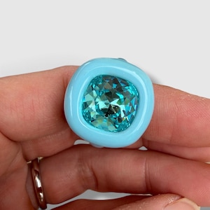 Sculptural Turquoise Polymer Clay Ring with Swarovski Crystal, Statement Cocktail Jewelry