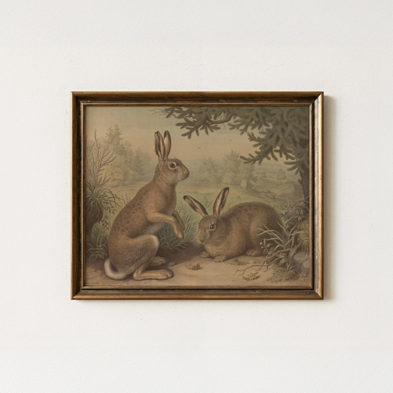 Rustic Rabbit Painting | Vintage Bunny Wall Decor | Antique Woodland Hare Artwork | Mailed Print