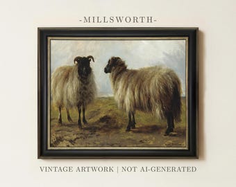 Vintage Sheep Landscape Painting | Rustic Farm Animal Artwork | Antique Farmhouse Decor | Shepherd Wall Art | Framed Art