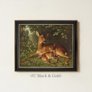 Antique Deer Painting | Rustic Wildlife Wall Decor | Vintage Woodland Fawn Artwork | Framed Art FC Black & Gold