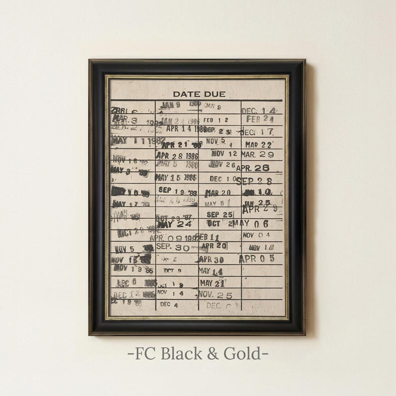 Vintage Library Card Artwork | Retro Book Due Date Print | Antique Library Wall Decor | Cozy Reading Nook Book Lover Wall Print | Framed Art FC Black & Gold