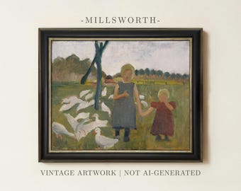 Vintage Children with Geese Painting | Antique Pastoral Wall Art | Countryside Nursery Farmhouse Decor | Framed Art