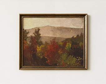 Vintage Autumn Landscape Painting | Rustic Fall Mountain Decor | Countryside Trees Wall Art | Mailed Print
