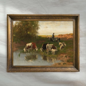 Vintage Cow Landscape Painting | Antique Grazing Cattle Artwork | Rustic Farmhouse Meadow Decor | Mailed Print