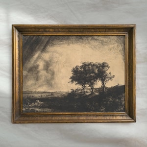 Vintage Tree Landscape Drawing | Antique Countryside Sketch | Rustic Charcoal Wall Decor | Mailed Print