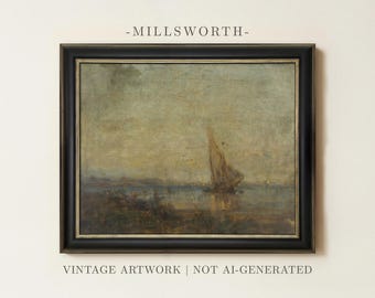 May include: A framed landscape painting featuring a sailboat on water under a muted sky. The artwork is enclosed in a black frame with gold inner detailing. Text above reads MILLSWORTH and text below reads VINTAGE ARTWORK | NOT AI-GENERATED.