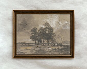 Rustic Landscape Drawing | Vintage Country Wall Art | Minimalist Farmhouse Sketch Decor | Mailed Print