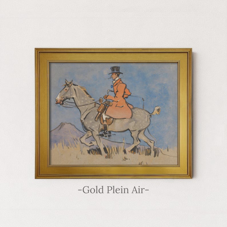 Vintage Equestrian Rider Painting | Antique Horse Artwork | Rustic Watercolor Wall Decor | Framed Art Gold Plein Air