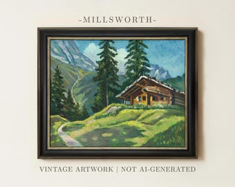 Alpine Mountain Landscape Painting | Pine Forest Cabin Home Decor | Cottagecore Valley Wall Art | Framed Art