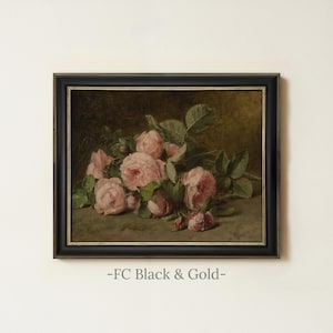Vintage Pink Roses Painting | Floral Still Life Wall Art | Romantic Botanical Home Decor | Rustic Flower Still Life Print | Framed Art FC Black & Gold
