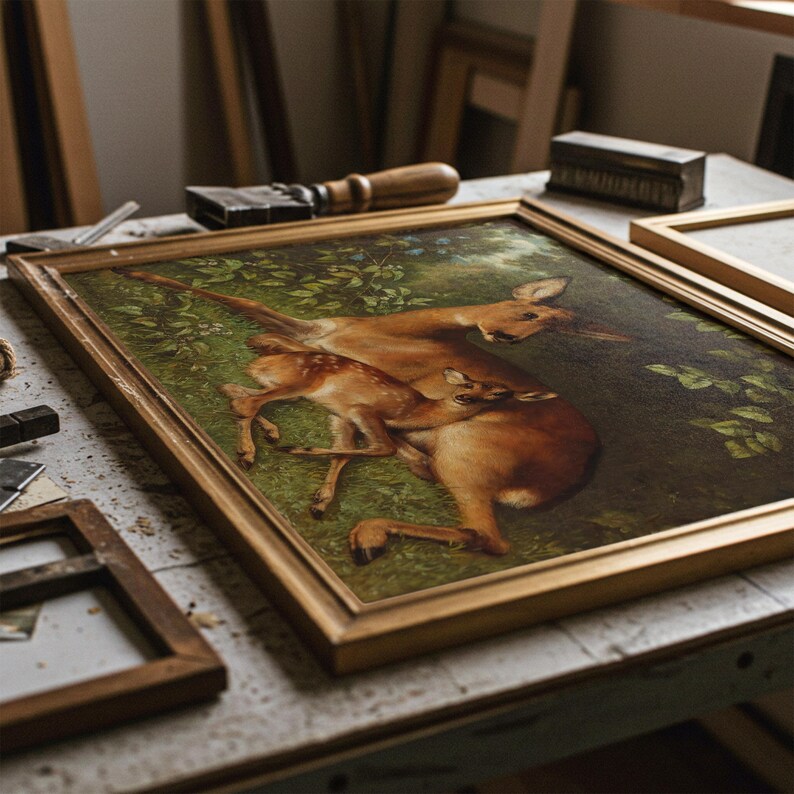 Antique Deer Painting | Rustic Wildlife Wall Decor | Vintage Woodland Fawn Artwork | Framed Art image 11