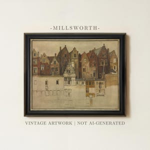 May include: A framed painting depicting a row of European-style buildings in muted brown, tan, and grey tones. The text -MILLSWORTH- appears above the frame, and VINTAGE ARTWORK | NOT AI-GENERATED is printed below the frame in a serif font.
