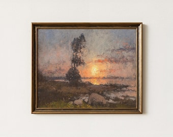 Coastal Sunset Landscape Oil Painting | Moody Vintage Wall Art | Rustic Cottagecore Decor | Mailed Print