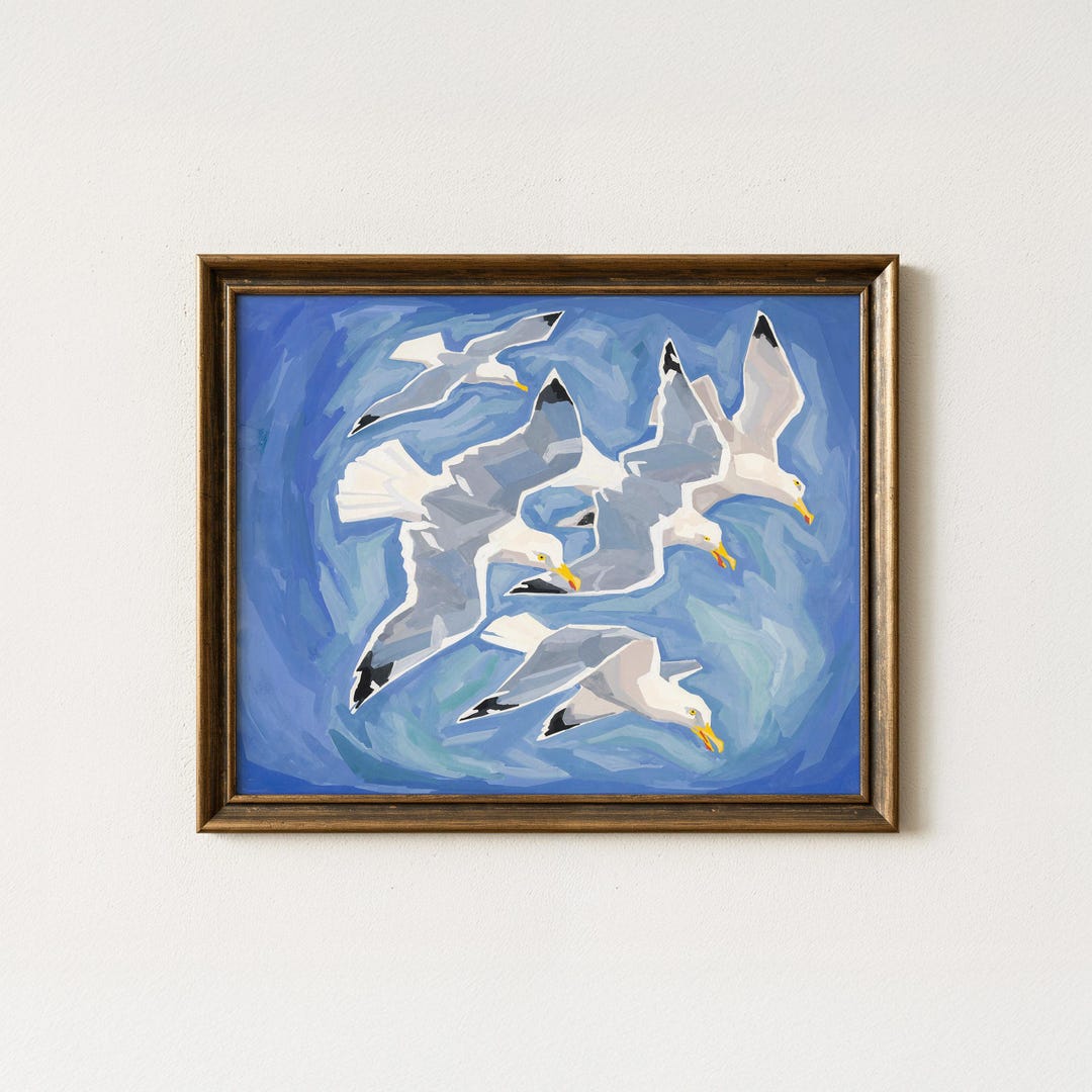 Vintage Seagulls Painting | Antique Coastal Wall Art | Abstract Bird ...