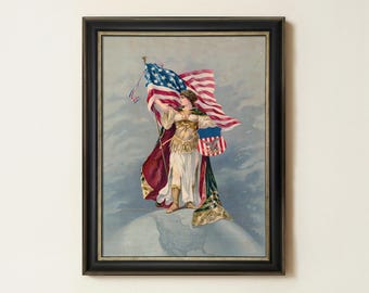 Vintage American Allegory Painting | Antique Patriotic Figure Wall Art | Historic USA Flag Artwork | Mailed Print