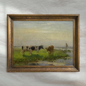 Vintage Cow Landscape Painting | Rustic Grazing Cattel Wall Art | Antique Countryside Farmhouse Decor | Mailed Print