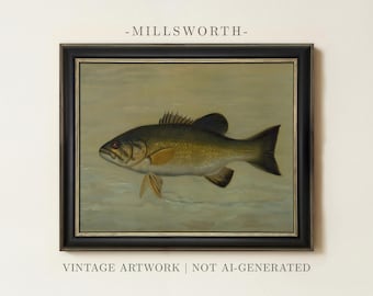 Vintage Bass Oil Painting | Antique Fishing Artwork | Lake House Fish Wall Decor | Freshwater Angling Cabin Wildlife Print | Framed Art