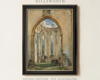 May include: A framed painting titled MILLSWORTH depicting the stone ruins of a gothic structure with tall arched windows, a blue sky, and a dark animal in the foreground. The artwork is enclosed in a black frame with gold inner detailing.