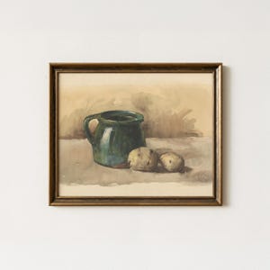 Vintage Pot and Potatoes Painting | Antique Still Life Wall Art | Farmhouse Kitchen Home Decor | Mailed Print