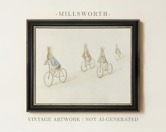 Vintage Bunnies on Bikes | Peter Rabbit Style Nursery Art | Baby Room Artwork Decor | Bunny Gift Idea | Framed Art