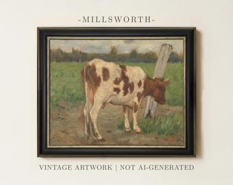 May include: A framed painting titled MILLSWORTH featuring a brown and white cow standing in a green field next to a wooden post. The artwork is labeled VINTAGE ARTWORK | NOT AI-GENERATED and is enclosed in a dark, multi-layered frame.