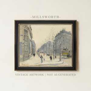 May include: A framed vintage painting depicting a Parisian street scene with pedestrians, bare trees, and a yellow double-decker bus. The artwork features muted tones of gray, beige, and yellow, housed in a black frame with gold inner trim.