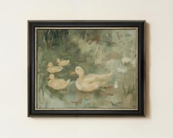 Vintage Ducks in Pond Painting | Countryside Wildlife Bird Decor | Farmhouse Nursery Wall Art | Mailed Print