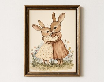 Nursery Bunny Painting | Beige Rabbit Wall Art | Kids Room Cottagecore Animal Home Decor | Mailed Print
