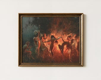 Antique Fire Dance Painting | Vintage Joseph Tomanek Nymphs Artwork | Victorian Gothic Wall Art | Dark Academia Decor | Mailed Print