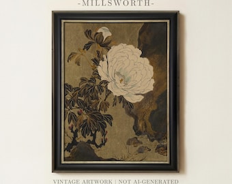 Vintage Chinoiserie Peony Painting | Japanese-Inspired Floral Artwork | Neutral Wabi-Sabi Wall Decor | Framed Art