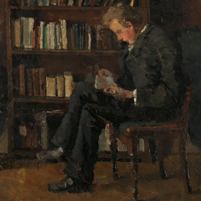 May include: An oil painting depicts a person seated in a wooden chair, engrossed in reading a book. The person is dressed in a dark suit, with a bookshelf filled with books in the background. The scene is illuminated by warm, natural light.