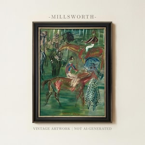 Vintage Equestrian Painting | Antique Abstract Horse Wall Art | Framed Art image 1