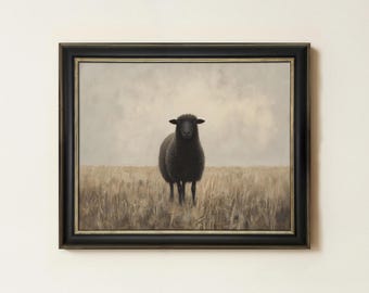 Vintage Black Sheep Oil Painting | Rustic Farmhouse Animal Art | Cottagecore Landscape Wall Decor | Antique Lamb Artwork | Mailed Print