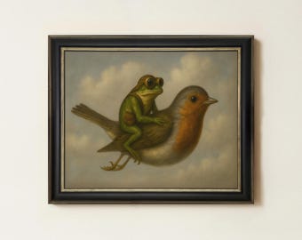 Vintage Frog Riding Bird Painting | Antique Whimsical Home Decor | Fantasy Animal Wall Art | Mailed Print