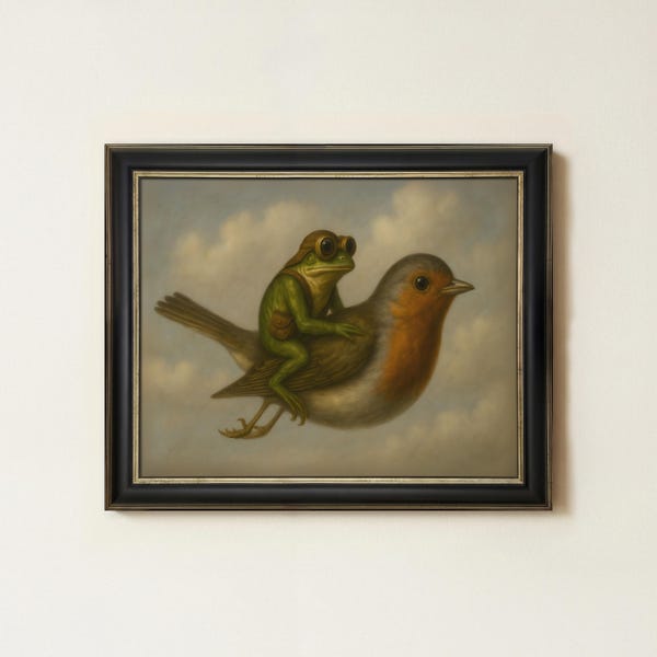 Vintage Frog Riding Bird Painting | Antique Whimsical Home Decor | Fantasy Animal Wall Art | Framed Art