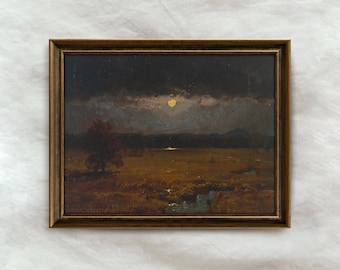 Moody Landscape Painting | Vintage Countryside Wall Decor | Rustic Moonlit Artwork | Mailed Print