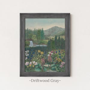 Alpine Wildflower Valley Painting | Vintage Mountain Landscape Wall Art | Botanical Meadow Artwork | Framed Art Driftwood Gray