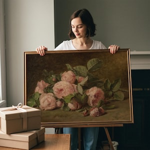 Vintage Pink Roses Painting | Floral Still Life Wall Art | Romantic Botanical Home Decor | Rustic Flower Still Life Print | Framed Art image 2