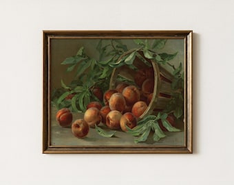 Vintage Basket of Peaches Painting | Antique Still Life Artwork | Farmhouse Kitchen Wall Decor | Mailed Print