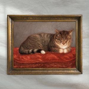 Vintage Tabby Cat Painting | Antique Kitten Portrait Artwork | Victorian Pet Animal Wall Decor | Mailed Print
