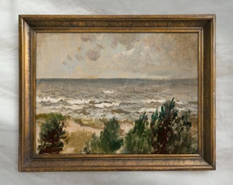 Vintage Coastal Seascape Painting | Moody Ocean Landscape Wall Art | Rustic Summer Beach Nautical Decor | Mailed Print