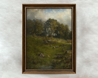 Vintage Sheep Landscape Painting | Antique Farmhouse Wall Art | Rustic Countryside Animal Decor | Mailed Print