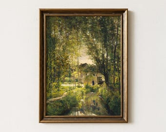 Vintage Forest Creek Painting | Antique Tree Landscape Artwork | Moody Rustic Nature Decor | Mailed Print