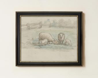 Sheep in Spring Watercolor Painting | Vintage Nursery Landscape Decor | Rustic Countryside Farm Meadow Wall Art | Mailed Print