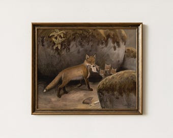 Rustic Fox Oil Painting | Vintage Woodland Wall Art | Antique Hunting Cabin Decor | Mailed Print