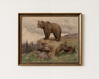 Rustic Grizzly Painting | Vintage Cabin Wall Decor | Antique Brown Bear Artwork | Mailed Print
