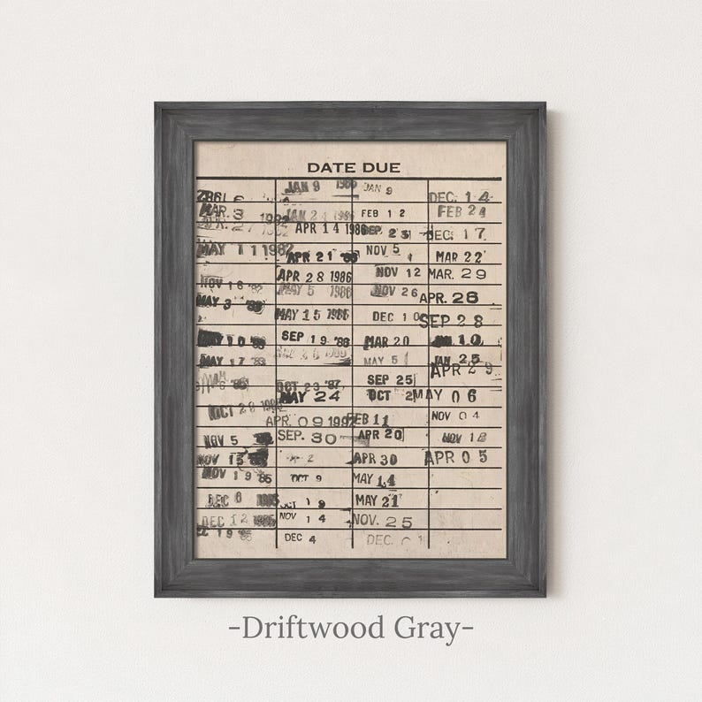 Vintage Library Card Artwork | Retro Book Due Date Print | Antique Library Wall Decor | Cozy Reading Nook Book Lover Wall Print | Framed Art Driftwood Gray