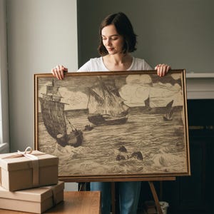 May include: A framed sepia-toned print of sailing ships on the ocean. The artwork features detailed depictions of waves, clouds, and multiple ships. The frame is a warm gold color, and the print is held by a person.
